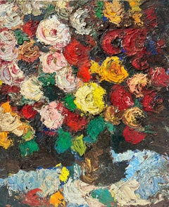 1960's French Expressionist Oil Painting Flowers in Vase Very Thick Impasto Oil 