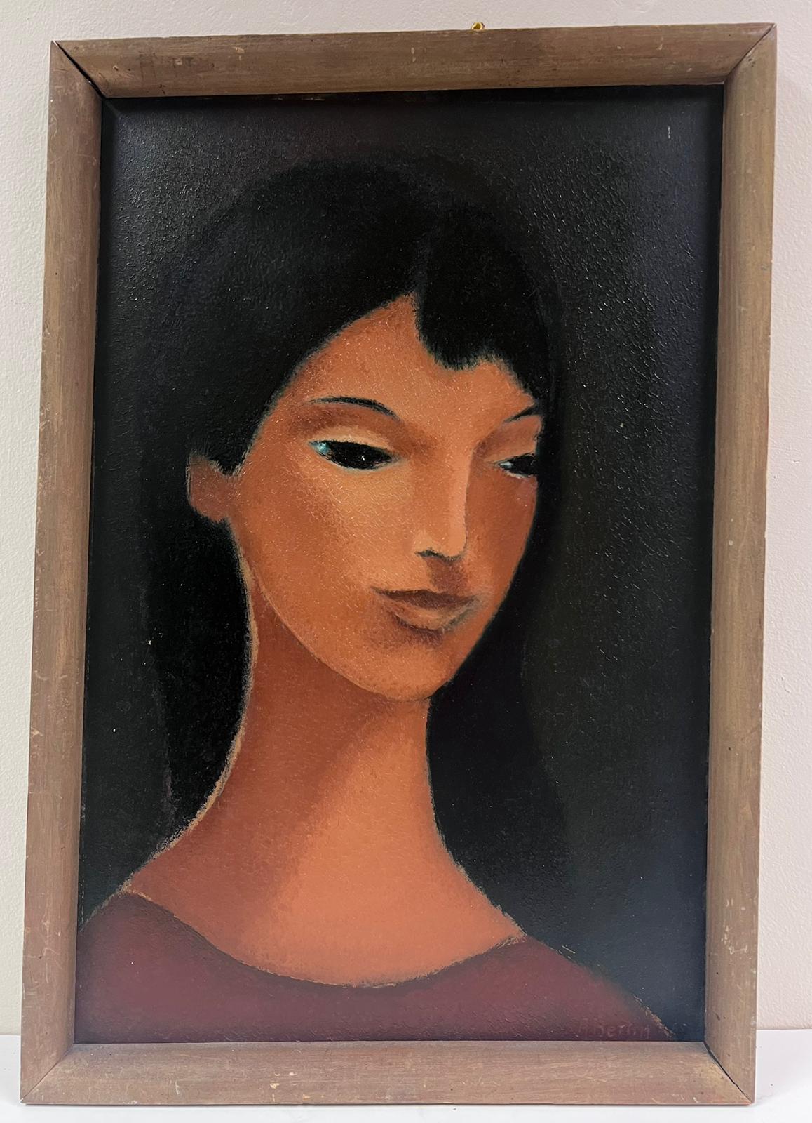1960's French Modernist Oil Painting Portrait of Distinctive Lady, framed - Black Portrait Painting by French School