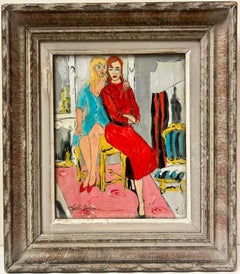 1960's French Modernist Signed Painting Two Fashionable Ladies in Interior Room
