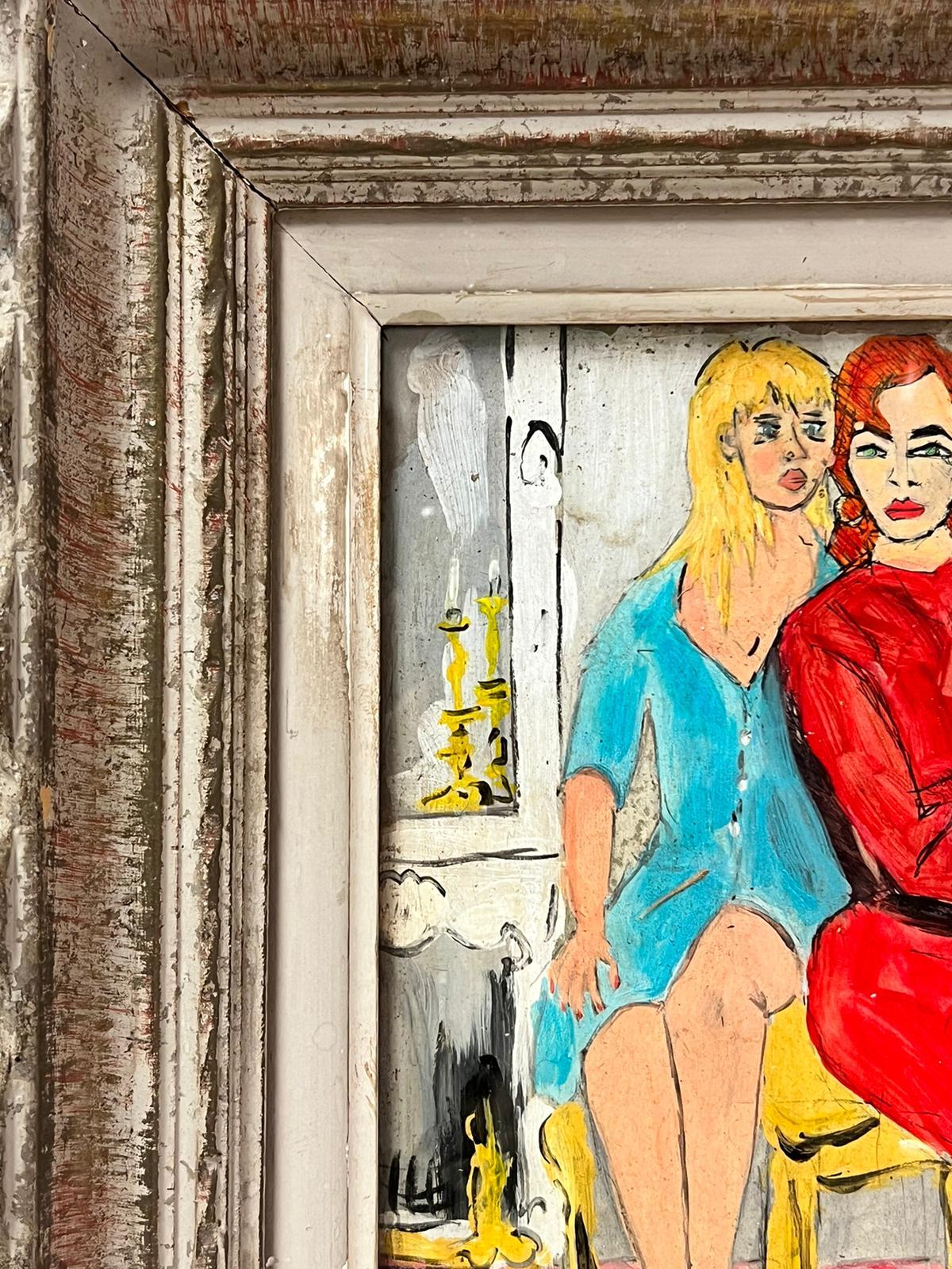 1960's French Modernist Signed Painting Two Fashionable Ladies in Interior Room For Sale 1
