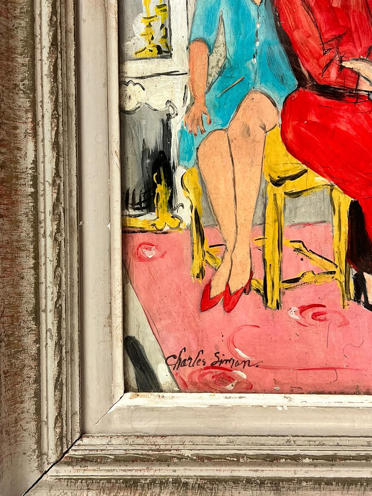 1960's French Modernist Signed Painting Two Fashionable Ladies in Interior Room For Sale 2