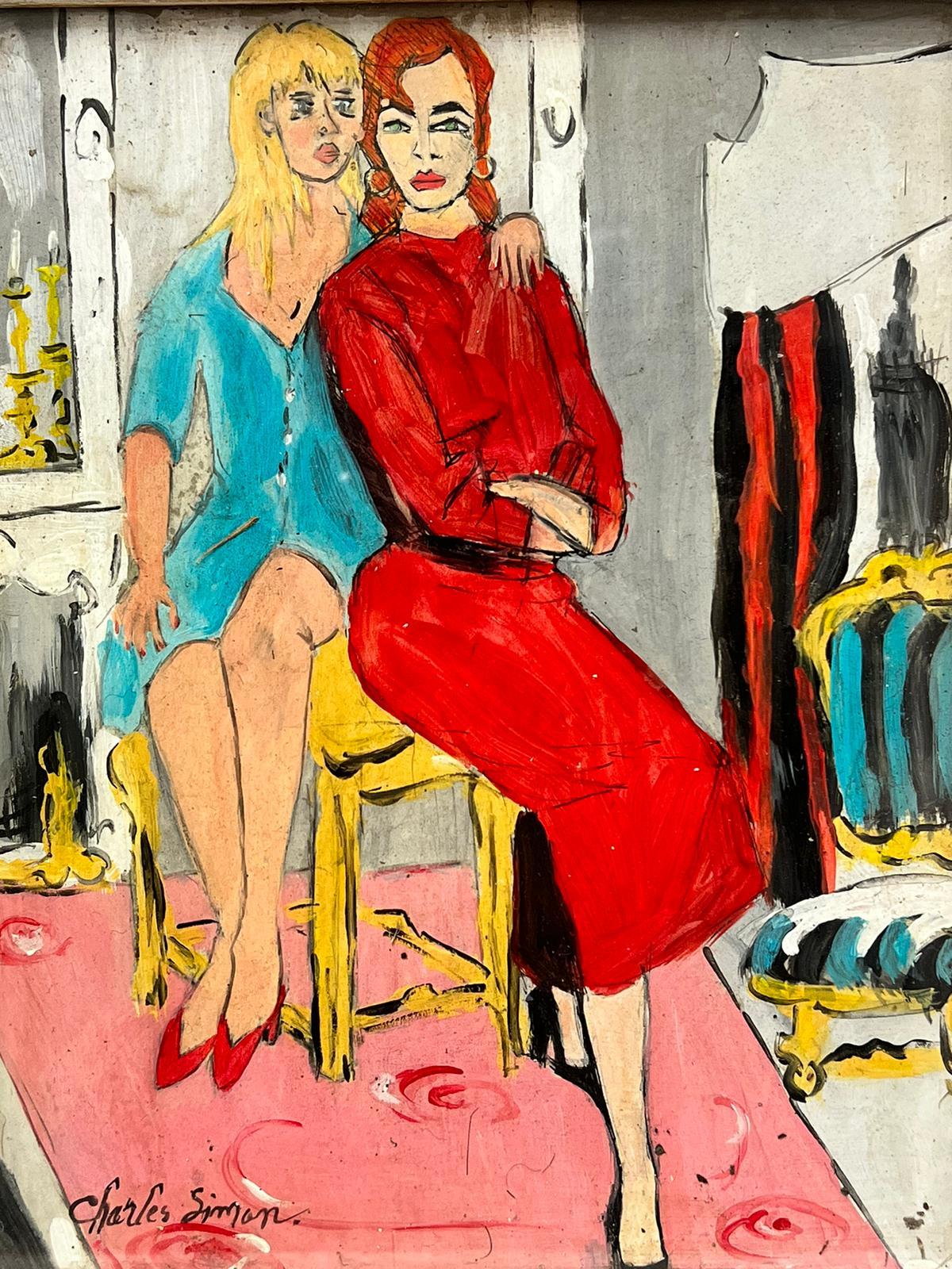 1960's French Modernist Signed Painting Two Fashionable Ladies in Interior Room For Sale 3