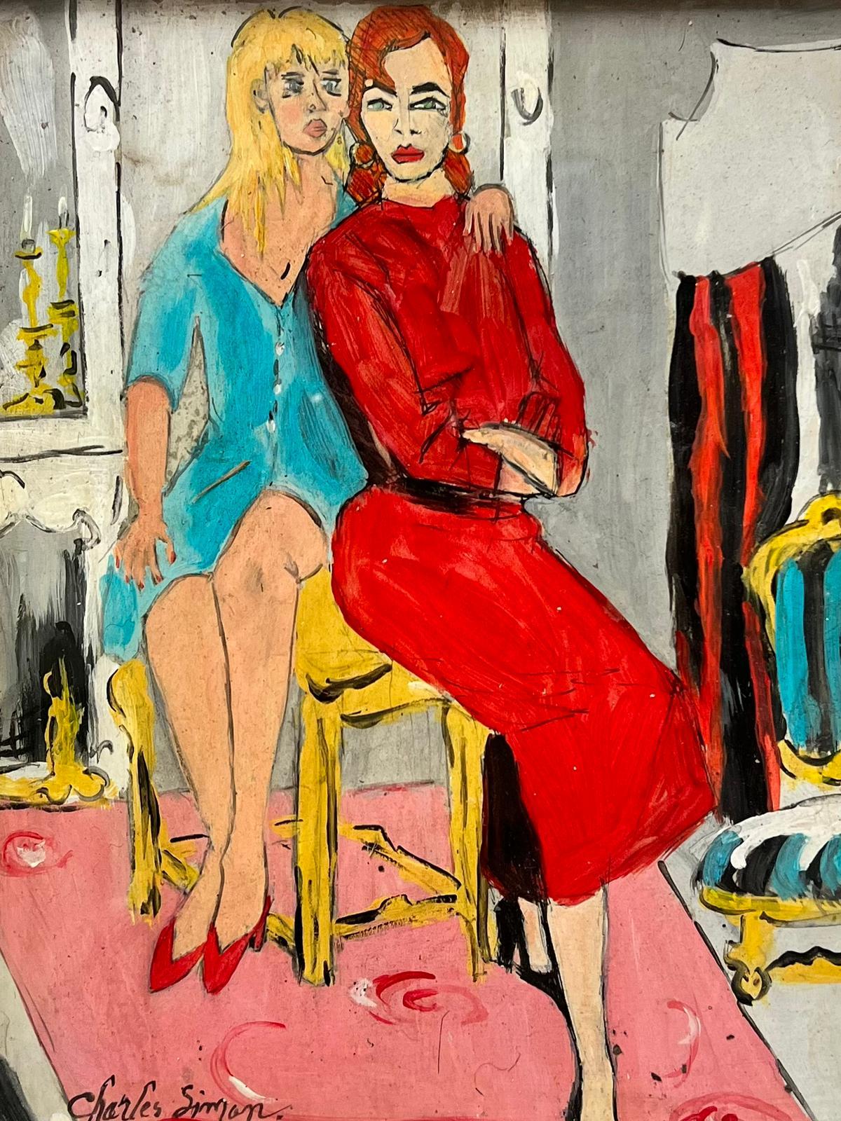 French School Portrait Painting - 1960's French Modernist Signed Painting Two Fashionable Ladies in Interior Room