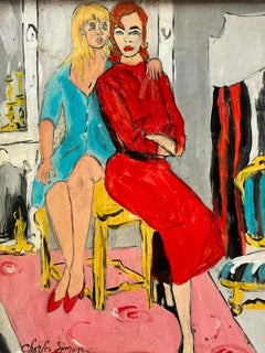 Peinture moderniste française des années 1960, signée, représentant deux femmes à la mode dans une pièce d'intérieur