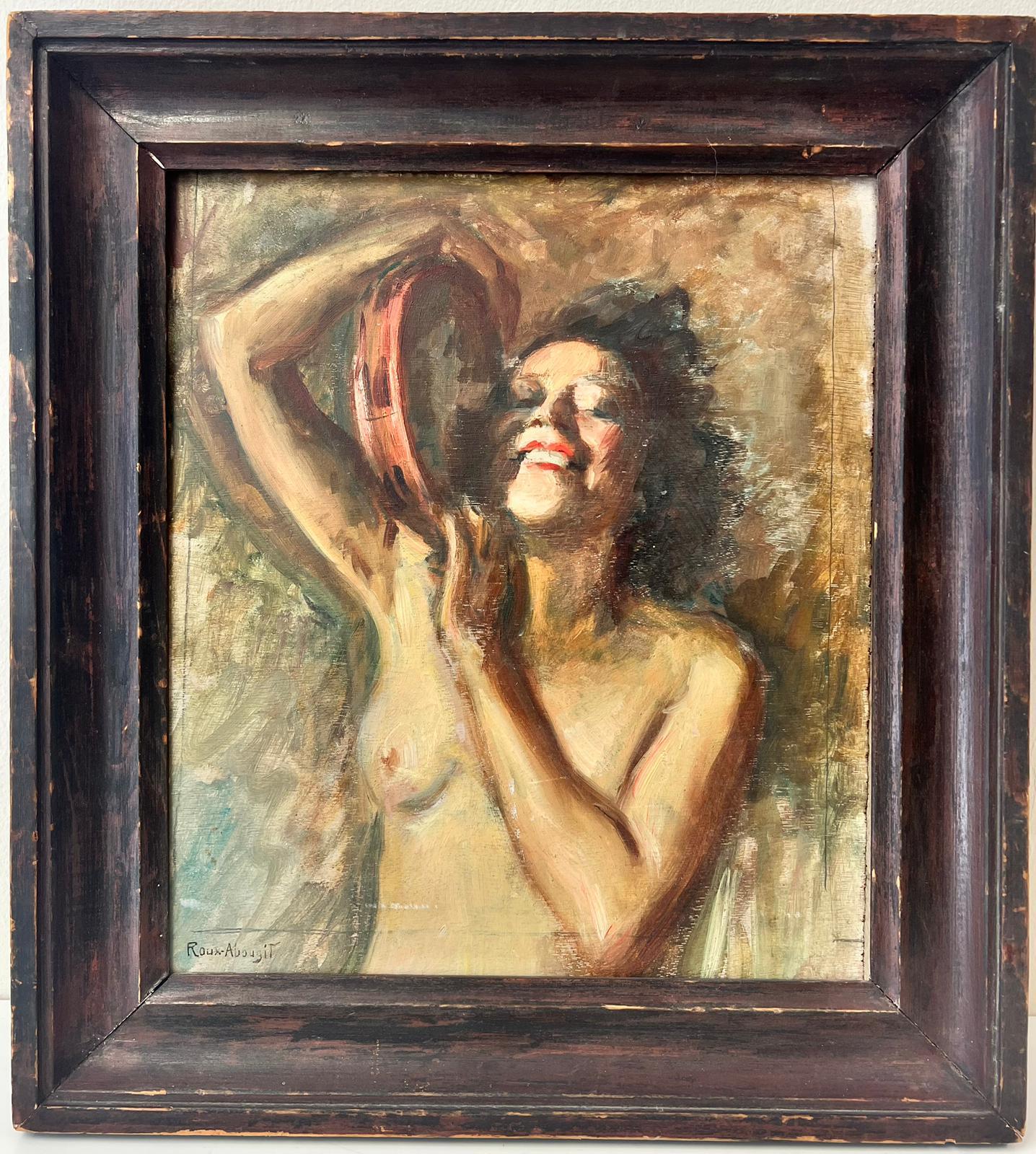 1960's French Signed Oil Portrait Nude Lady Dancing with Tambourine - Painting by French School