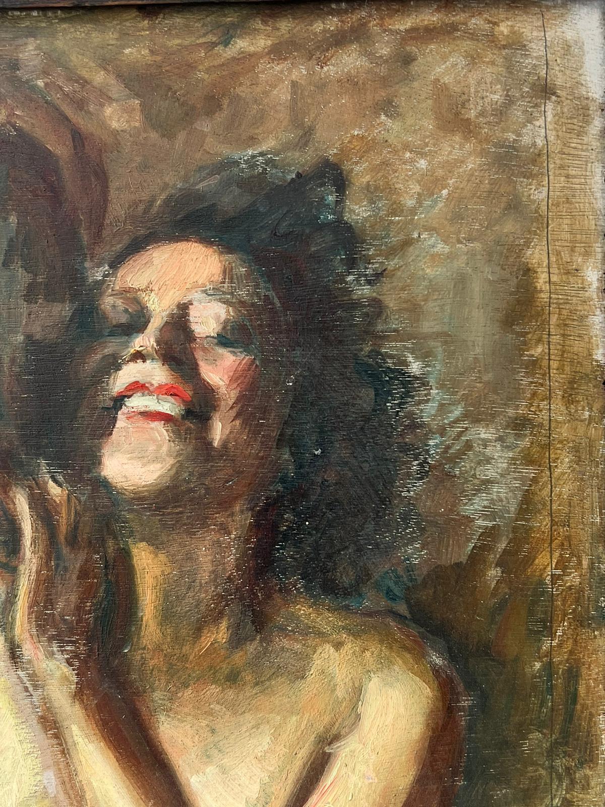 1960's French Signed Oil Portrait Nude Lady Dancing with Tambourine - Impressionist Painting by French School