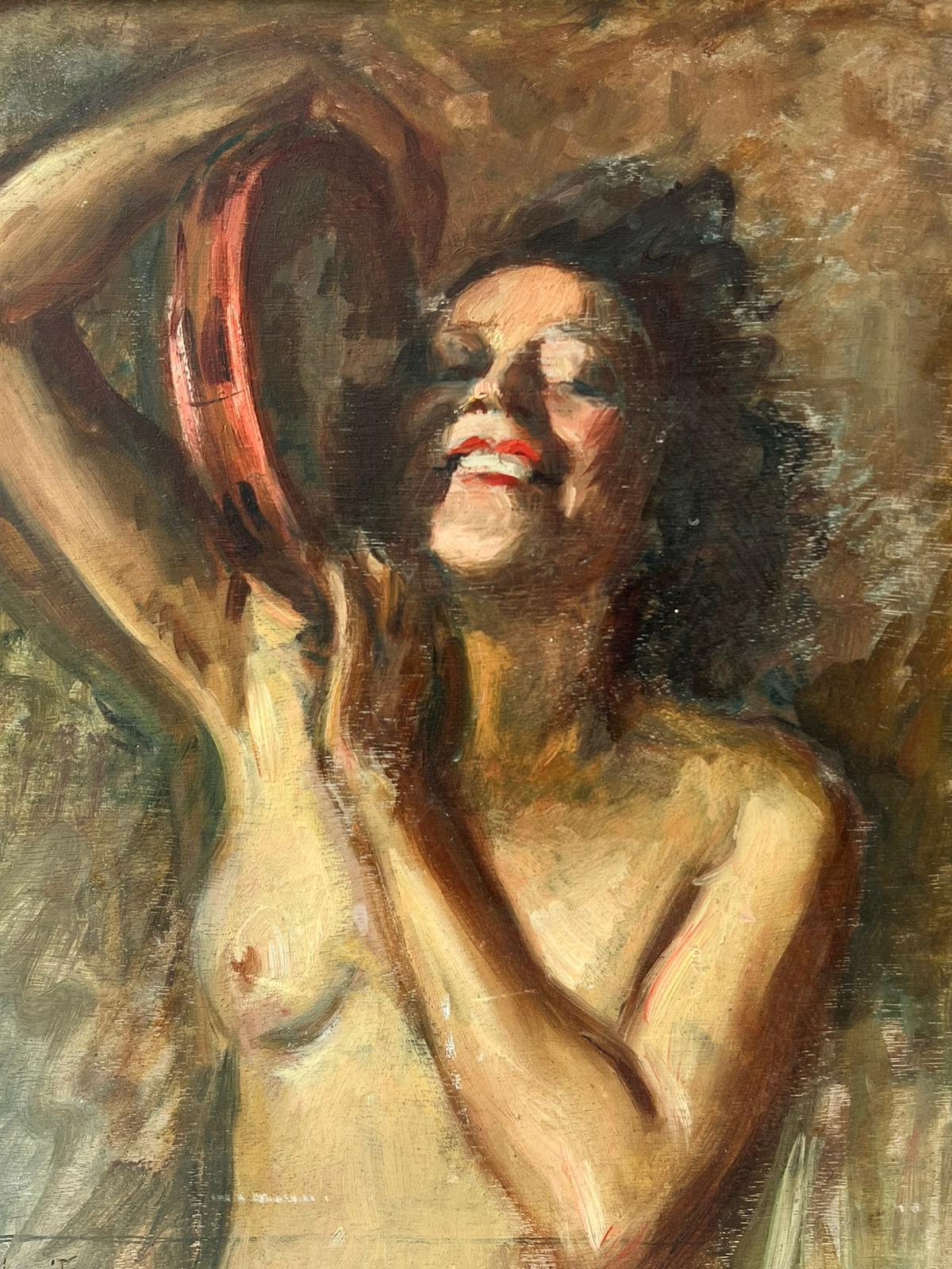 French School Nude Painting - 1960's French Signed Oil Portrait Nude Lady Dancing with Tambourine
