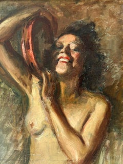 Vintage 1960's French Signed Oil Portrait Nude Lady Dancing with Tambourine
