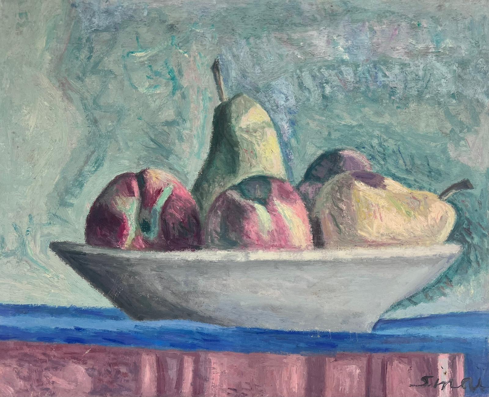 Interior Painting di French School - Pittura ad olio modernista francese degli anni '70 Natura morta mele e pere firmata originale