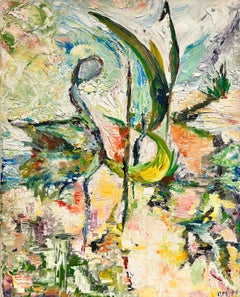 1970's French Surrealist Abstract Painting Ornamental Bird Amazing Colors
