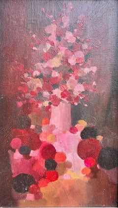 Vintage 1970's French Abstract Red & Pink Dotty Original Painting