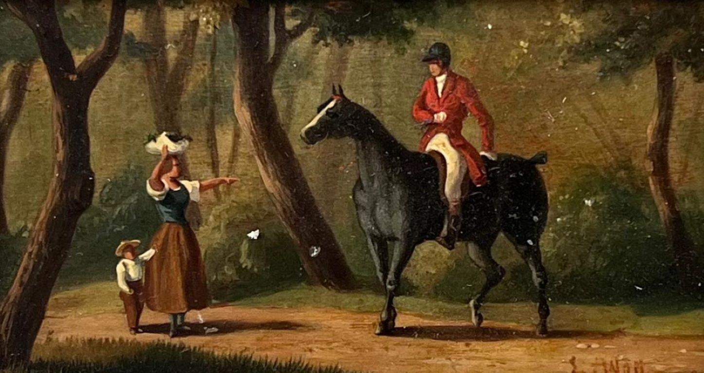 19th Century French Oil Huntsman in Wooded Landscape on Horseback framed - Painting by French School