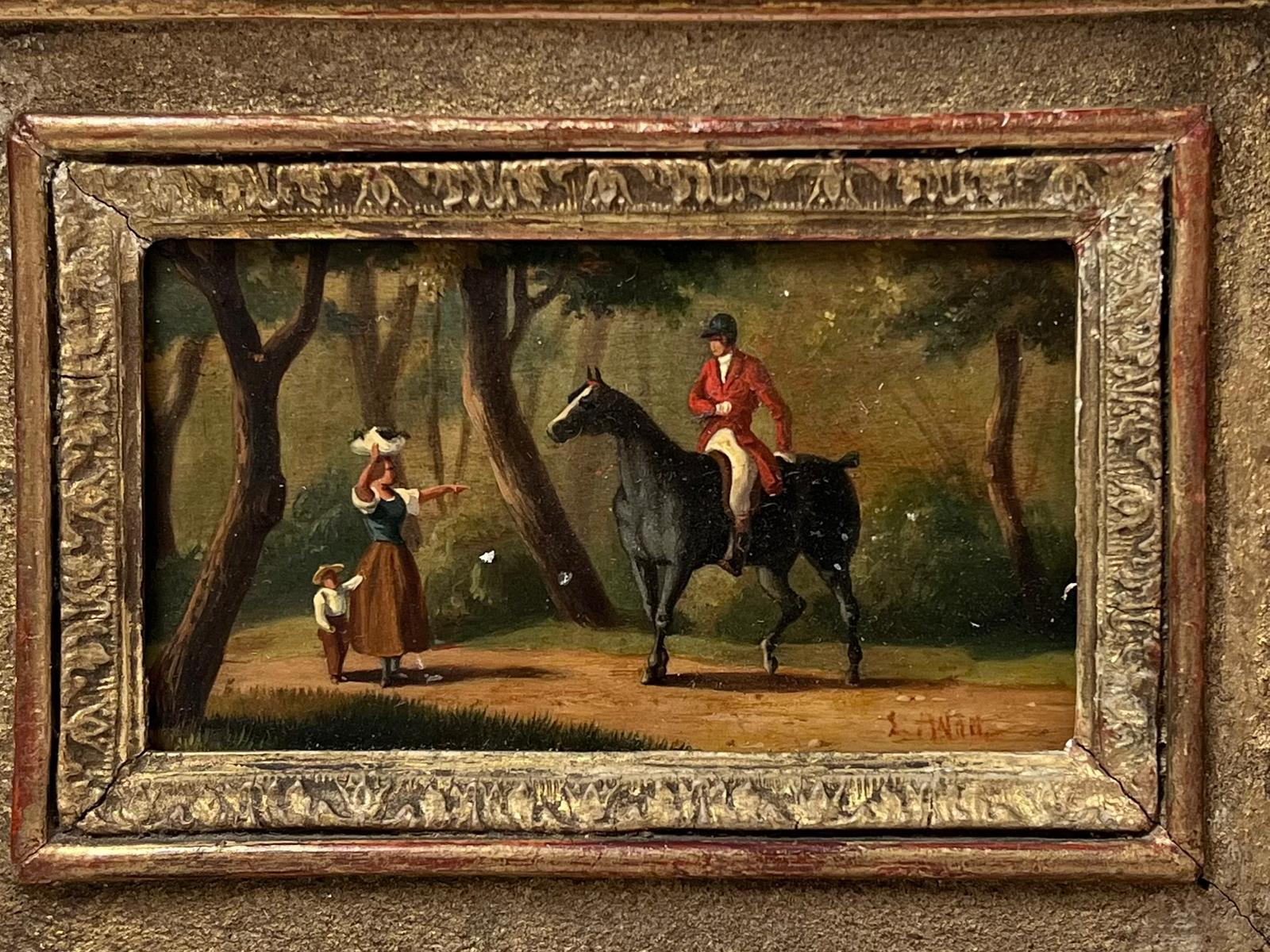 19th Century French Oil Huntsman in Wooded Landscape on Horseback framed - Victorian Painting by French School