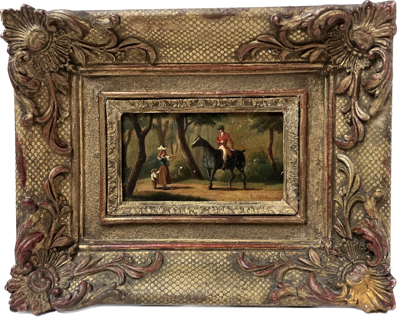 French School Landscape Painting - 19th Century French Oil Huntsman in Wooded Landscape on Horseback framed
