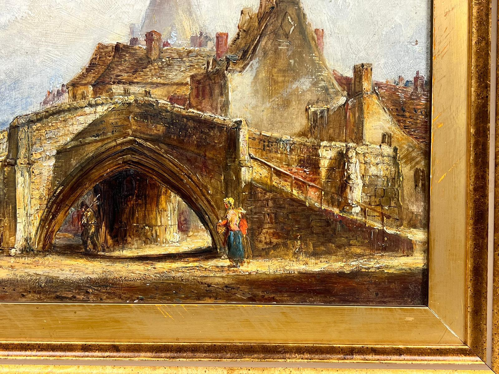 19th Century French Oil Street Scene With Figures Standing Beside An Arch - Victorian Painting by French School