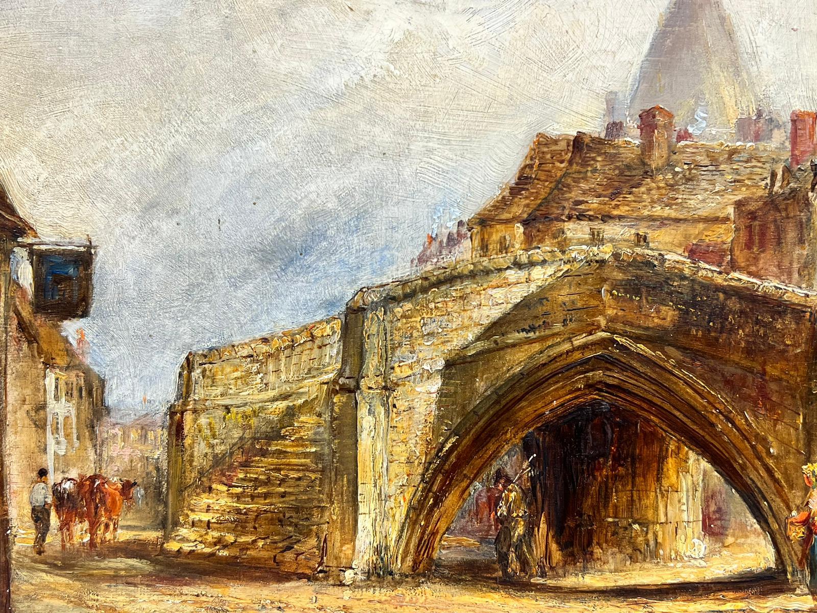 19th Century French Oil Street Scene With Figures Standing Beside An Arch For Sale 2