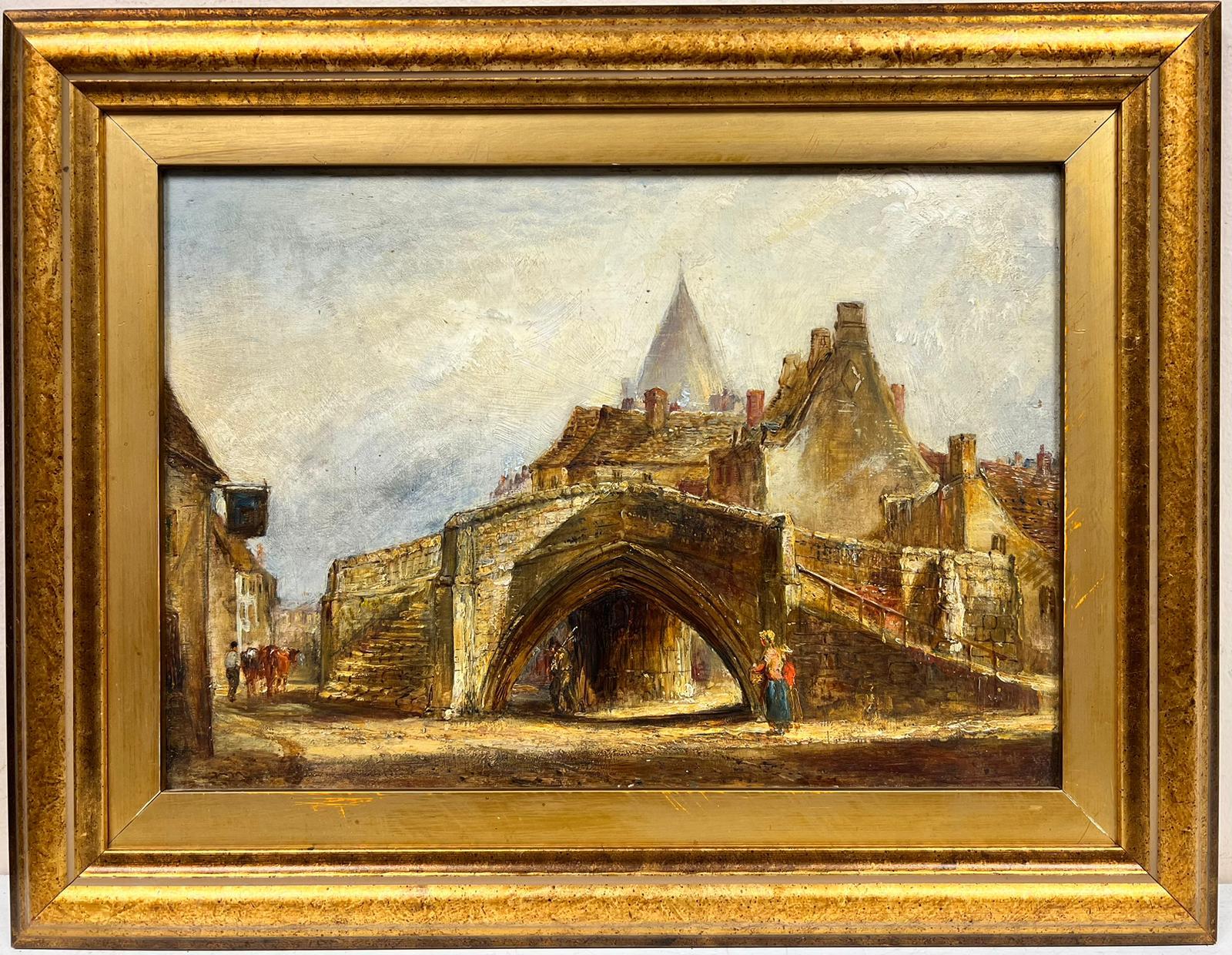 French School Landscape Painting - 19th Century French Oil Street Scene With Figures Standing Beside An Arch