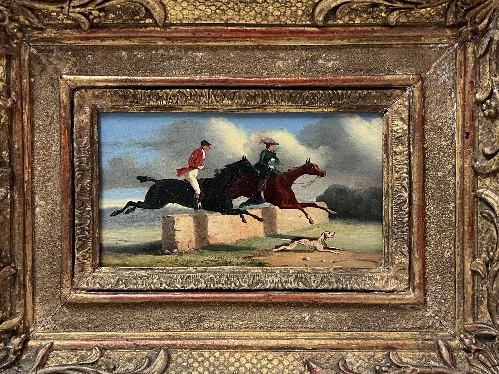 19th Century Hunting Scene Oil Painting on Wood Panel Gent & Lady on Horseback 1