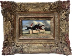 19th Century Hunting Scene Oil Painting on Wood Panel Gent & Lady on Horseback
