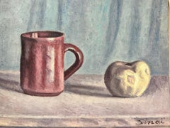 20th Century French Modernist Signed Oil Still Life Apple & Mug