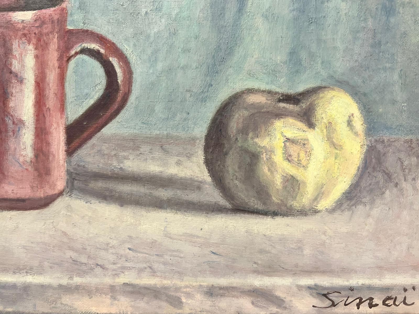 20th Century French Modernist Signed Oil Still Life Apple & Mug For Sale 1