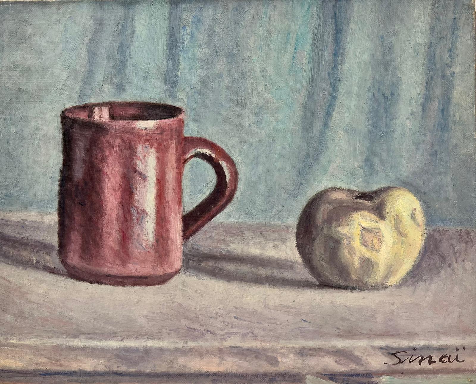 French School Still-Life Painting - 20th Century French Modernist Signed Oil Still Life Apple & Mug