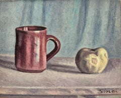 Vintage 20th Century French Modernist Signed Oil Still Life Apple & Mug