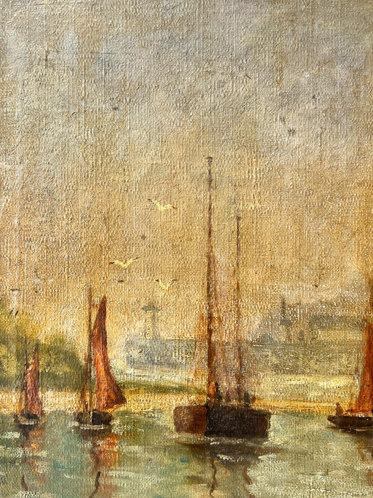 Antique French Impressionist Oil Painting Atmospheric Harbor Scene with Boats 1