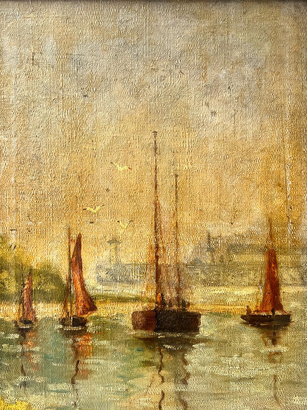 Antique French Impressionist Oil Painting Atmospheric Harbor Scene with Boats 3