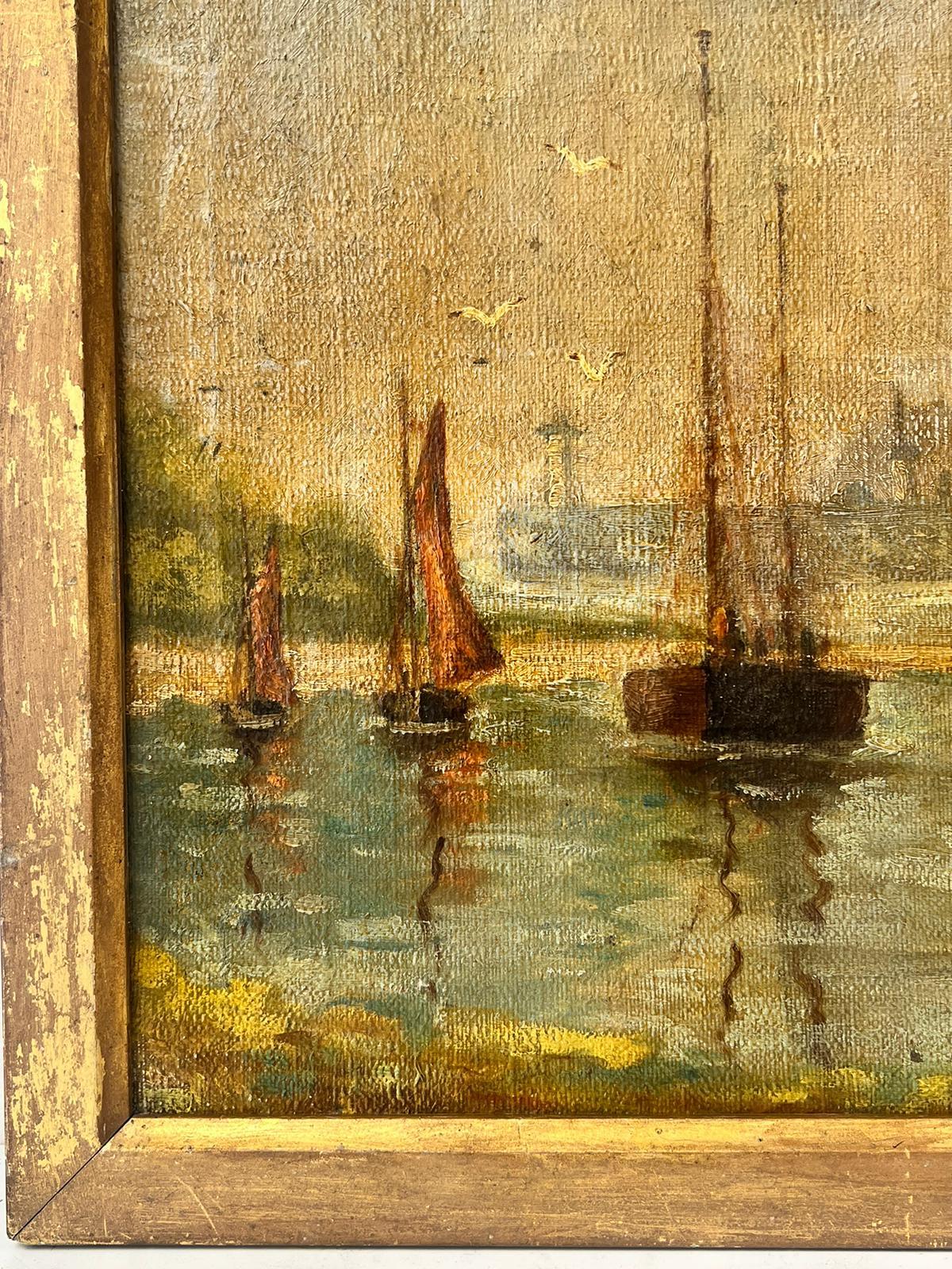 Antique French Impressionist Oil Painting Atmospheric Harbor Scene with Boats 4