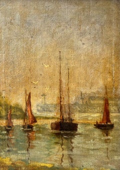 Antique French Impressionist Oil Painting Atmospheric Harbor Scene with Boats