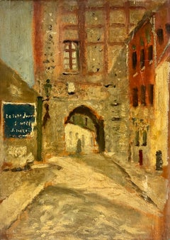 Antique French Impressionist Oil Southern France Old Town Streets with Archway