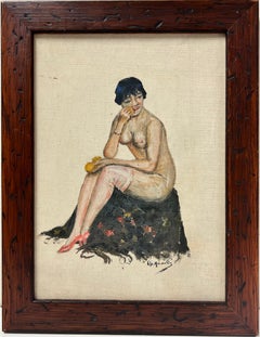 Antique French Impressionist Signed Oil Sketch of Lady in Stockings Bathing