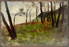 Atmospheric French Impressionist Oil Painting Early 20th century Woodland Lake