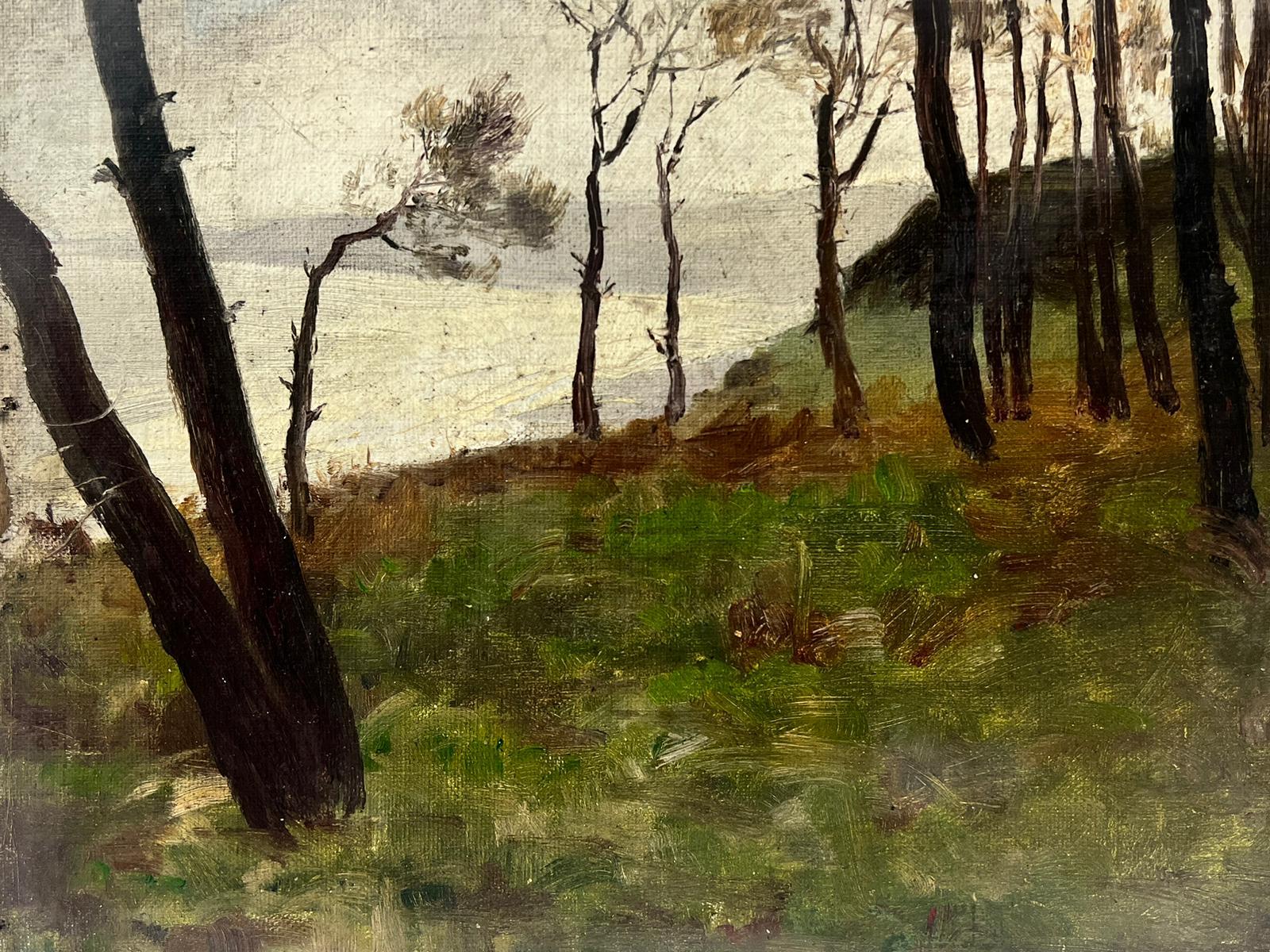 Pittura a olio impressionista francese d'atmosfera dei primi del Novecento Lago di bosco - Landscape Painting Marrone di French School