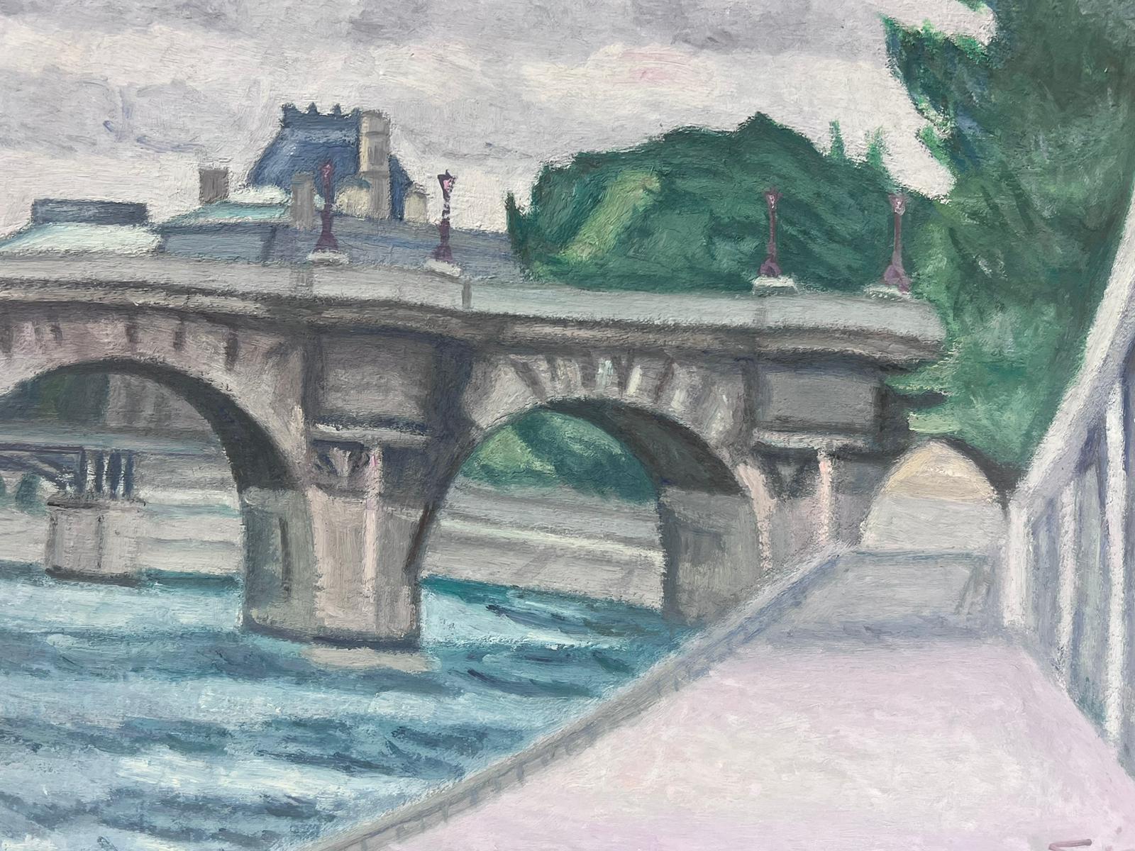 Banks of the River Seine Paris Skyline Pont Neuf Bridge, Signed French Oil  - Painting by French School