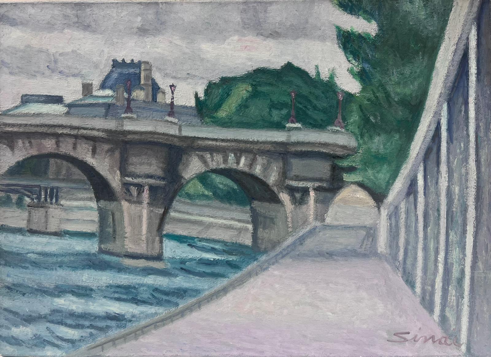 French School Landscape Painting - Banks of the River Seine Paris Skyline Pont Neuf Bridge, Signed French Oil 