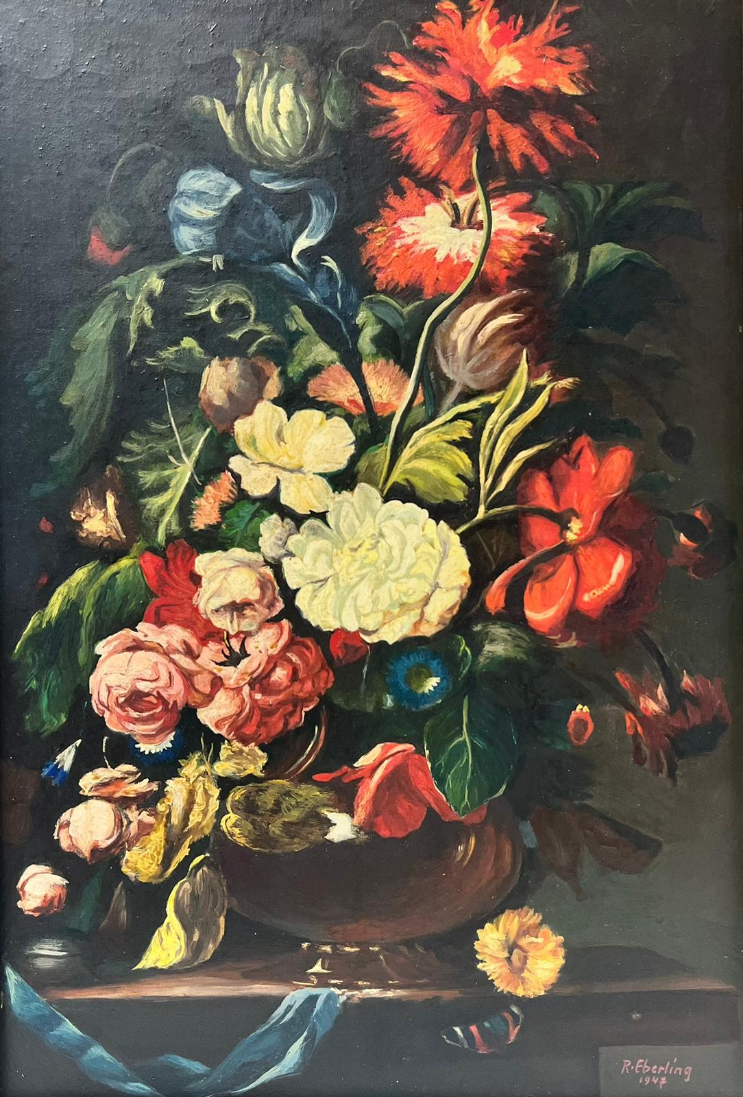Classical Still Life Ornate Flowers in Vase in the Traditional Old Master style - Painting by French School