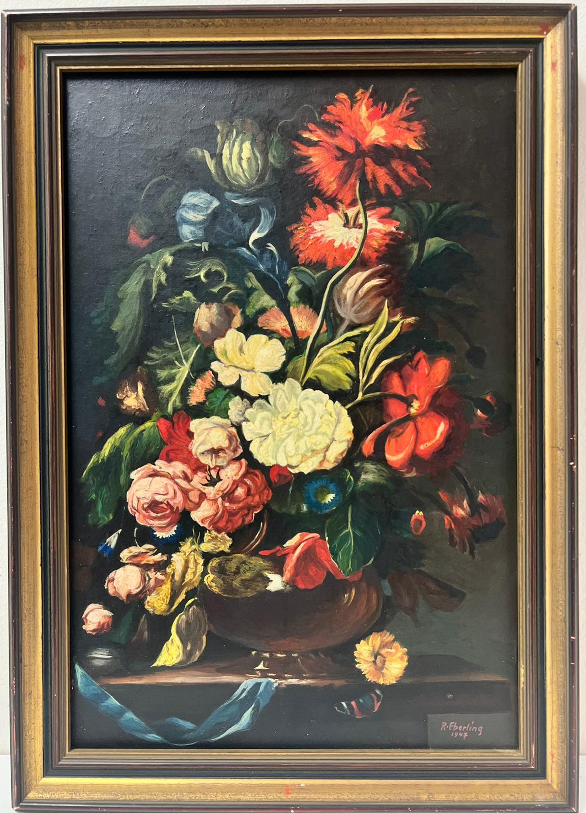 French School Still-Life Painting - Classical Still Life Ornate Flowers in Vase in the Traditional Old Master style