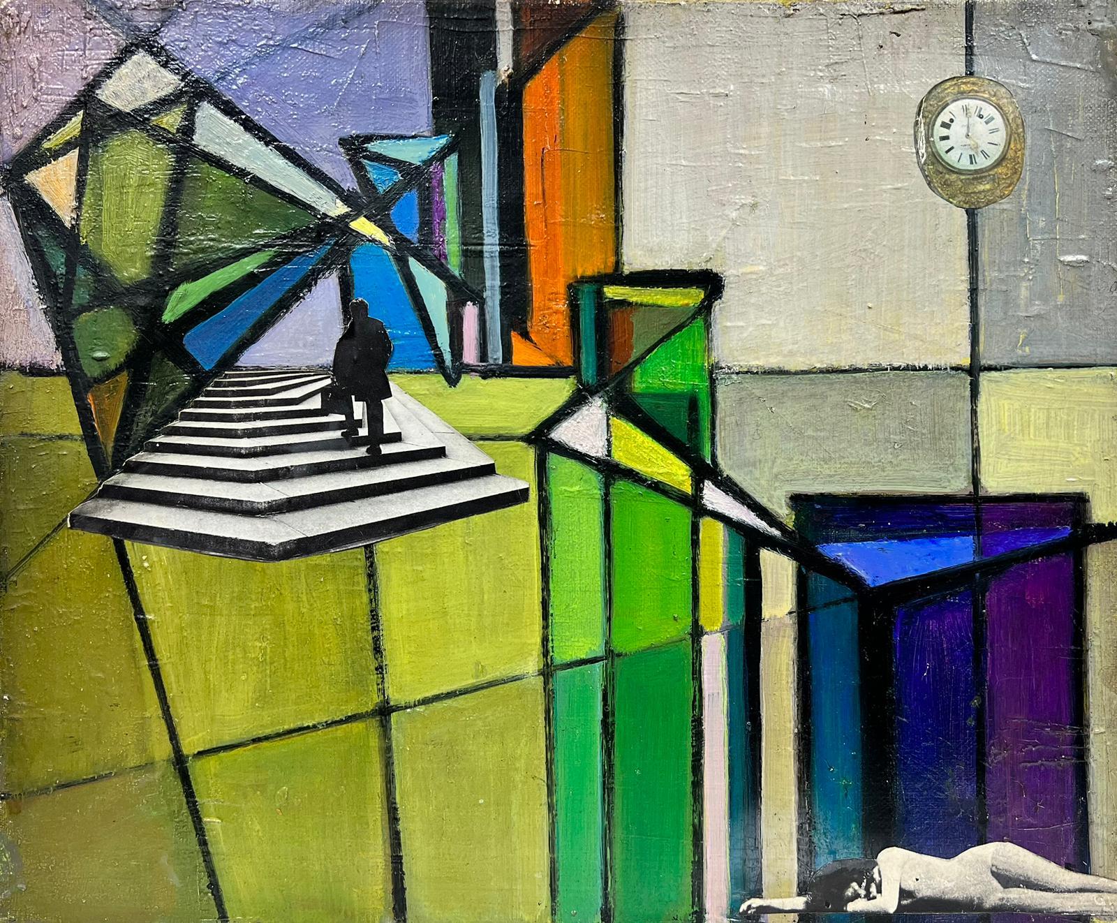 Peinture à l'huile cubiste géométrique avec collage à découpes originale, France, années 1960