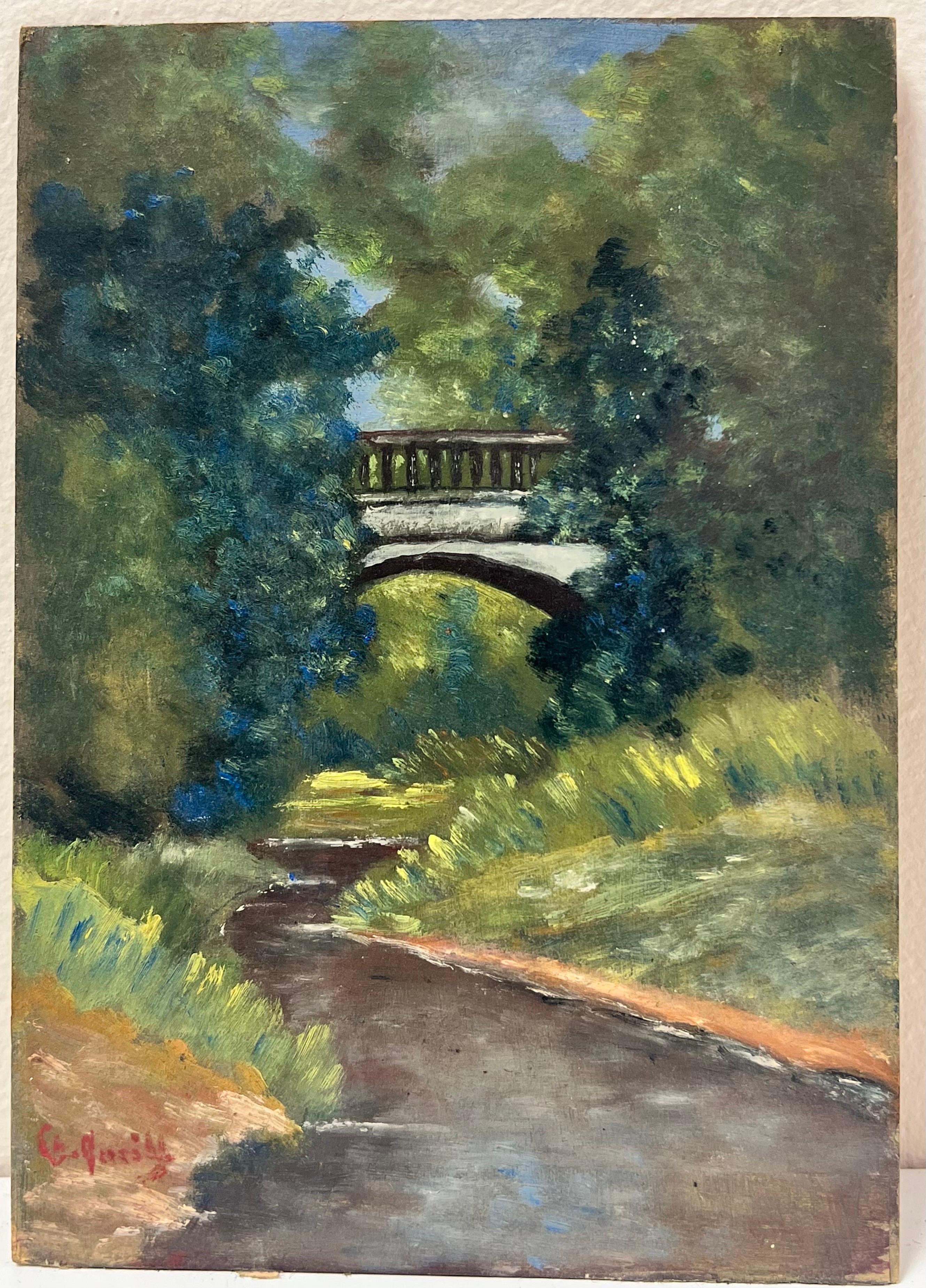The Bridge over the River
French School, early 20th century
signed oil on board, unframed
board: 7.25 x 5 inches
provenance: private collection
condition: very good and sound condition  