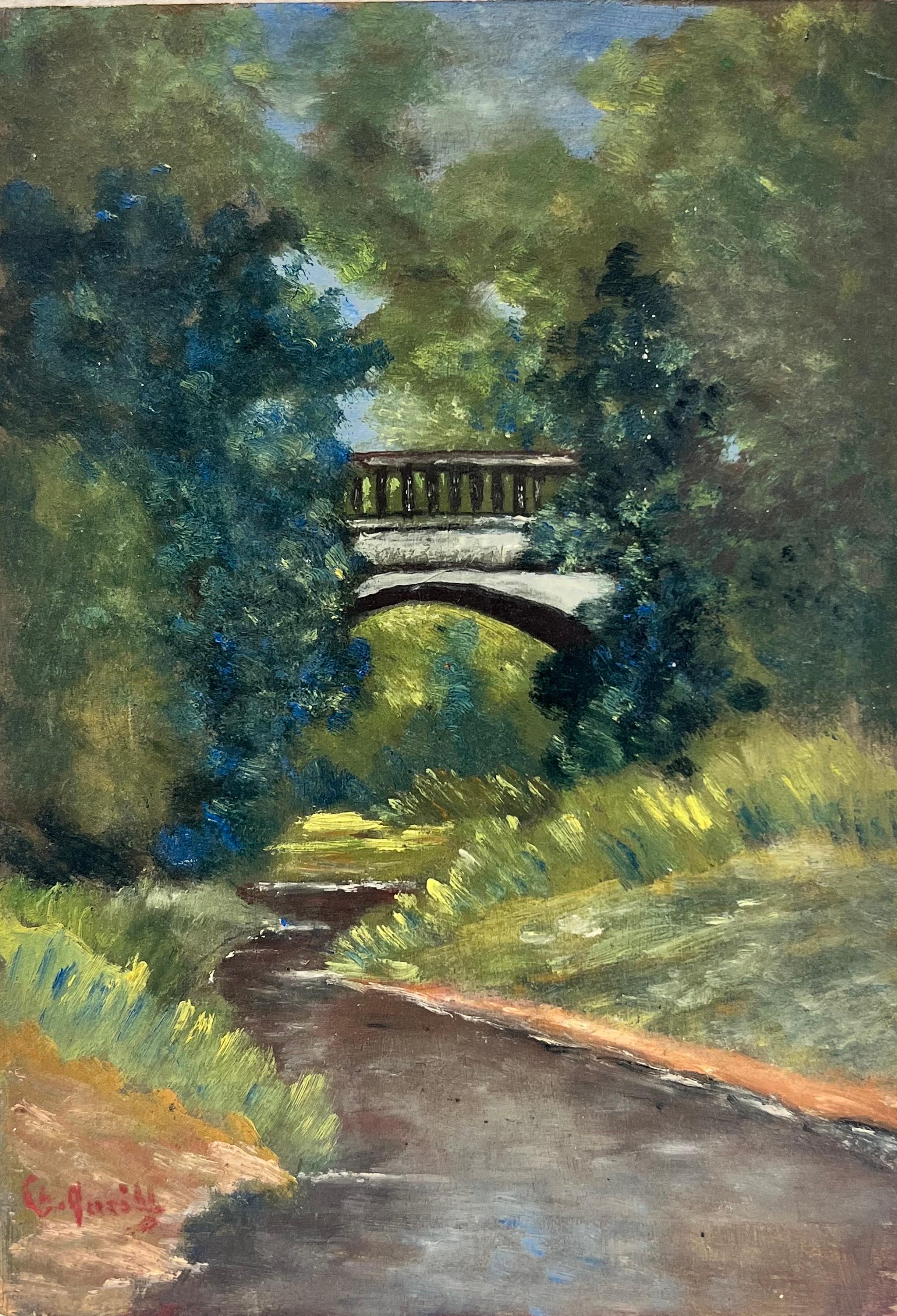 French School Landscape Painting - Early 20th Century French Signed Oil Painting Bridge over River in Parkland