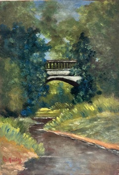 Antique Early 20th Century French Signed Oil Painting Bridge over River in Parkland