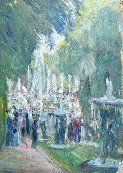 Elegant Fashionable Parisians in Versailles Parkland, 1909 Impressionist Oil
