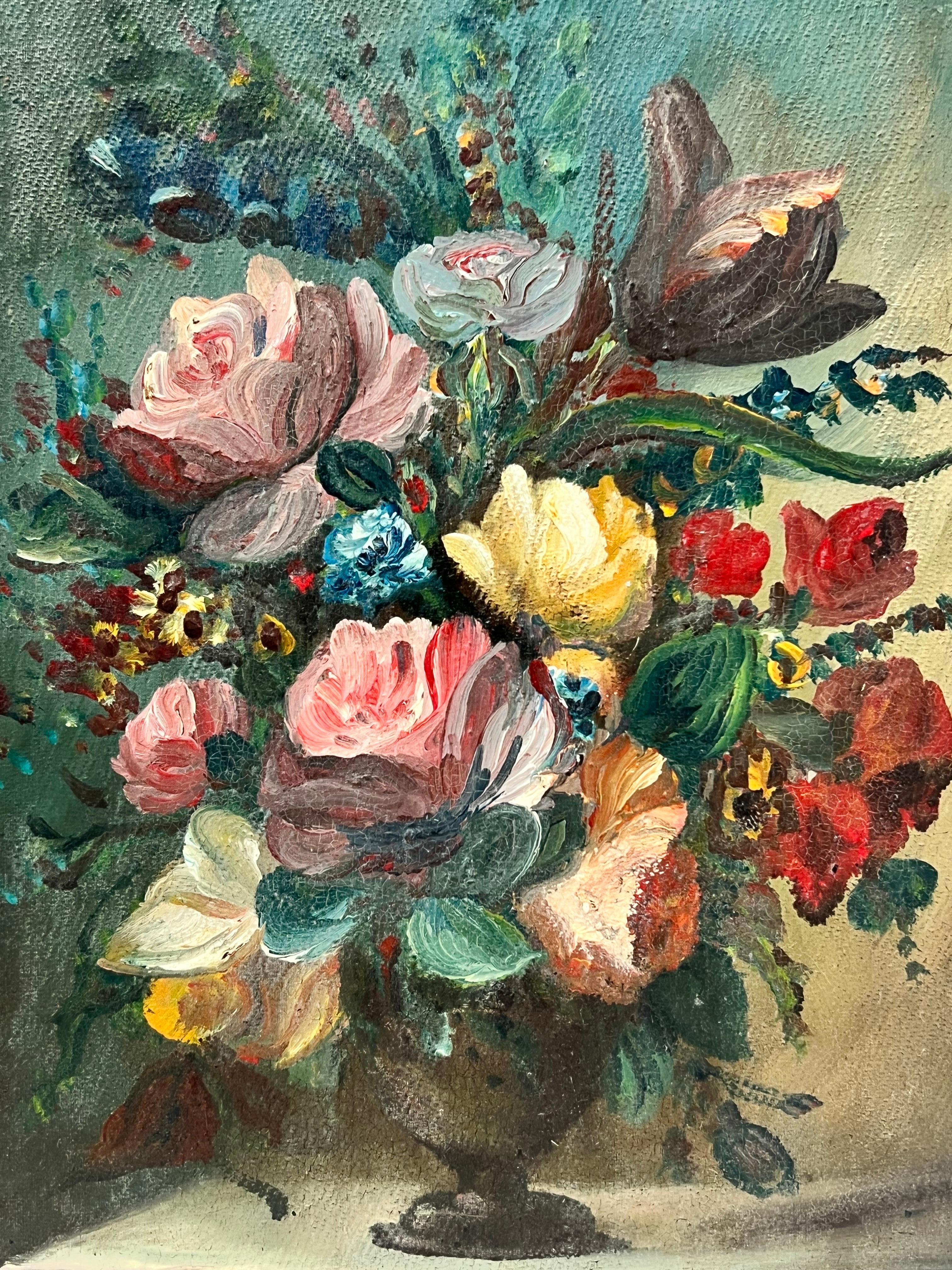 Fine Classical Still Life Oil Painting Ornate Flowers in Vase Gilt Framed Oil  For Sale 1