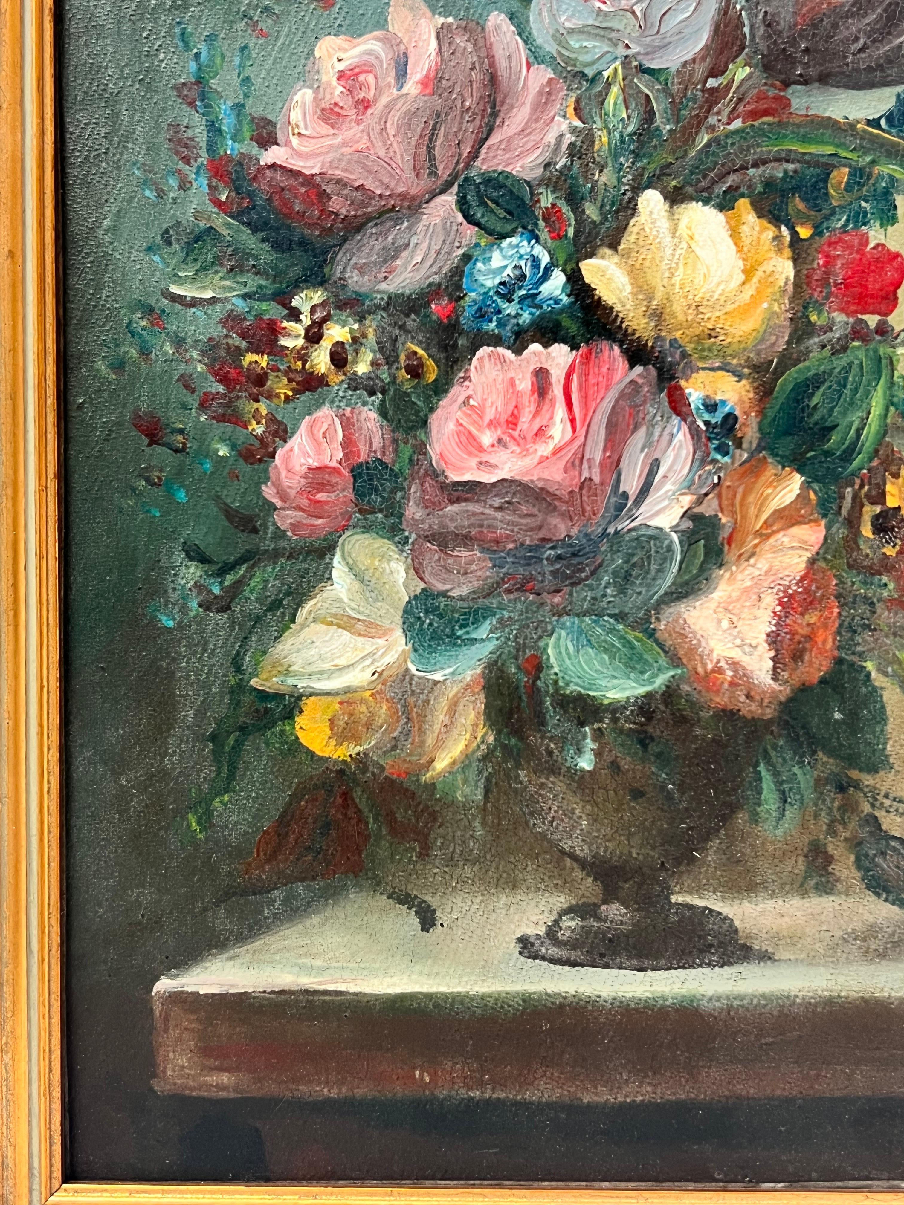 Fine Classical Still Life Oil Painting Ornate Flowers in Vase Gilt Framed Oil  For Sale 2