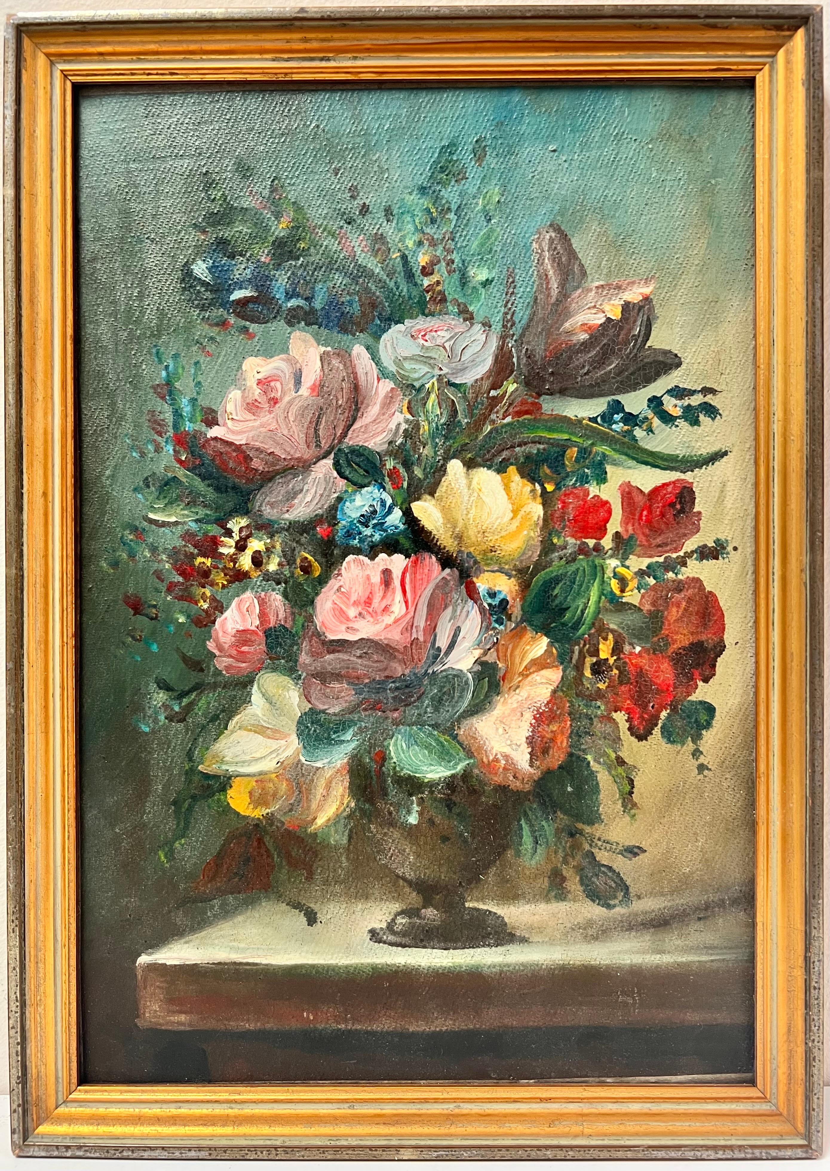 French School Still-Life Painting - Fine Classical Still Life Oil Painting Ornate Flowers in Vase Gilt Framed Oil 