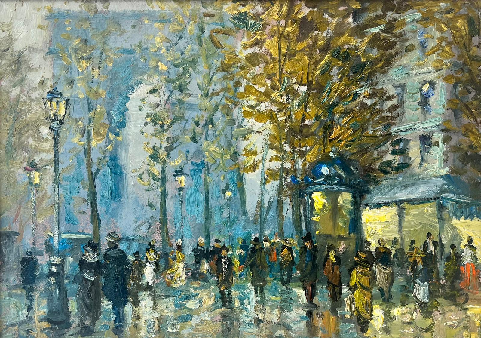 Olio impressionista francese Scena di strada parigina movimentata Folla di figure - Painting di French School