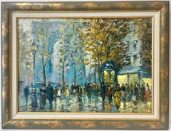Olio impressionista francese Scena di strada parigina movimentata Folla di figure
