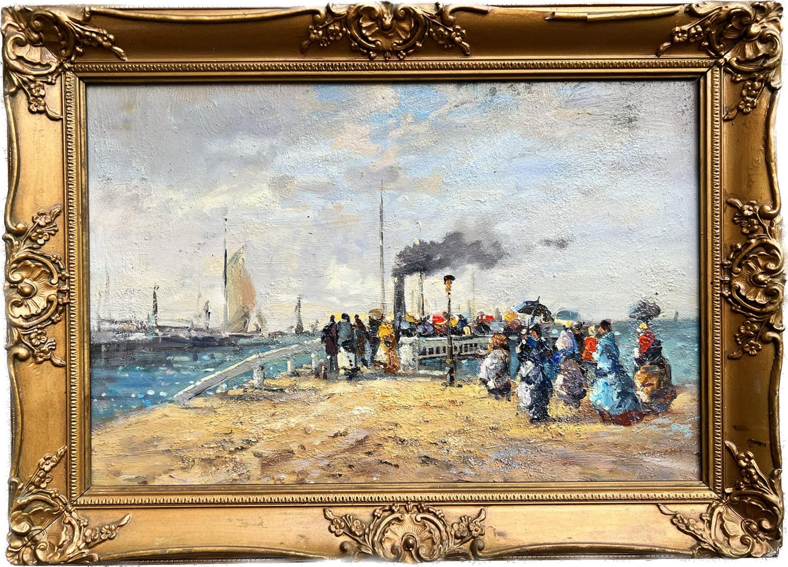 A Victorian Harbour Scene With Families Boarding A Steamship
French School, 20th century
oil painting on board, framed
framed: 13 x 18 inches
board: 9.5 x 14.75 inches
provenance: private collection, England
condition: very good and sound condition 
